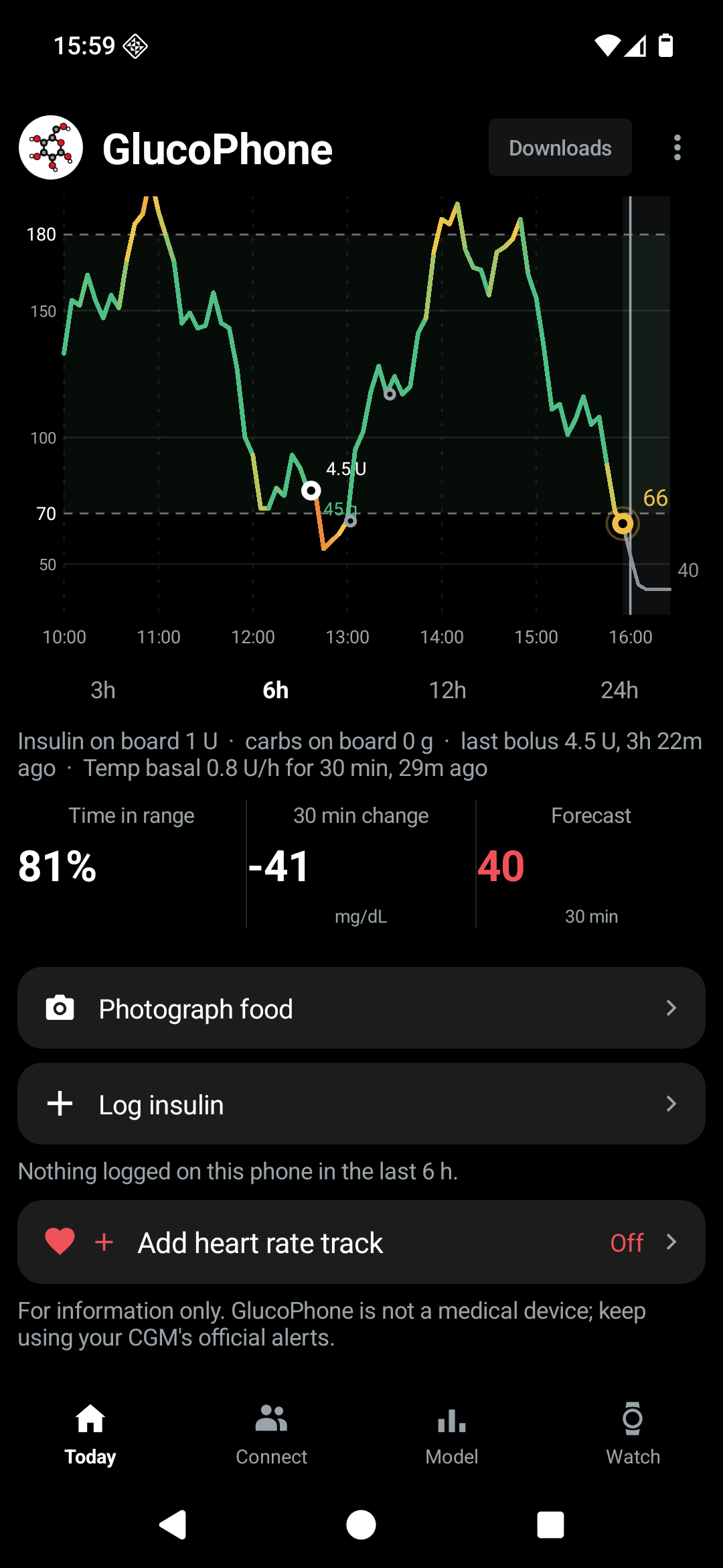 GlucoPhone meal and insulin logging screen with synthetic demo data