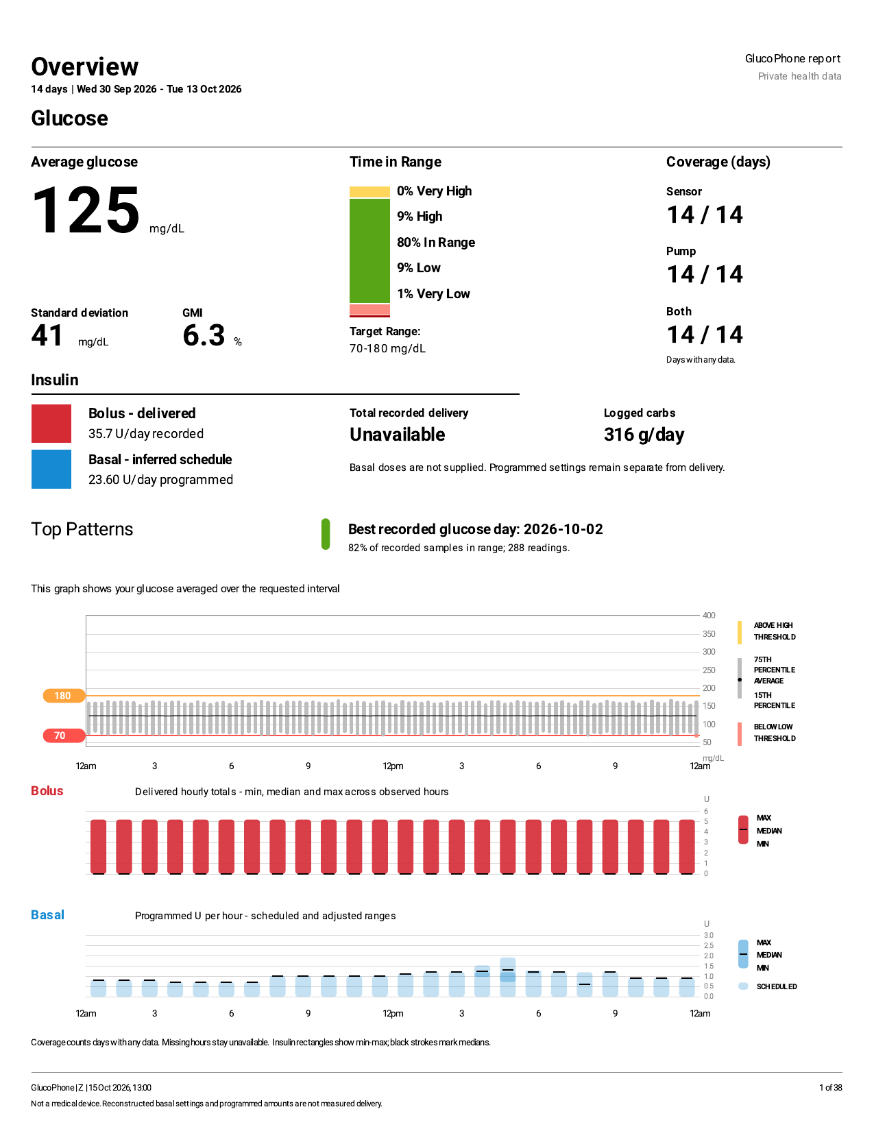 Overview of a synthetic glucose and insulin report exported by GlucoPhone